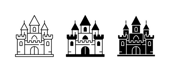 Castle Icons Set, Medieval Fortress Vector Graphics, Fantasy Architecture Symbols, Royal Palace Illustrations, Black and White Building Designs © Rashedul