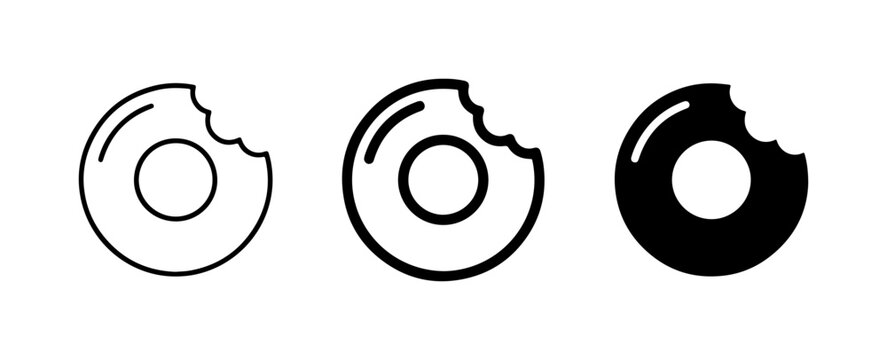 Bitten Donut Icons, Simple Line Art and Solid Black Vector Graphics, Sweet Treat Symbols for Food and Dessert Concepts