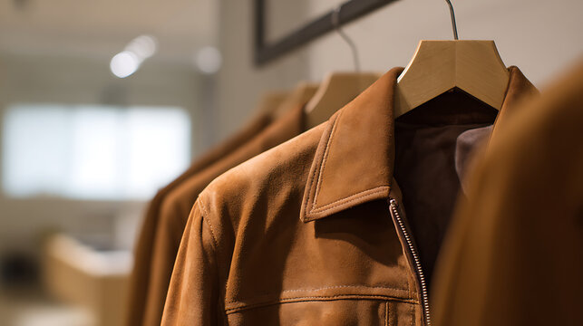 Row of stylish brown suede or leather jackets hang neatly on wooden hangers in a modern boutique retail store display, luxury fashion apparel
