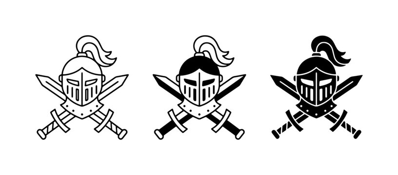 Knight Helmets and Crossed Swords Vector Icons, Medieval Warrior Symbols, Heraldic Emblem Designs, Vintage Combat Graphics, Black and White Emblematic Set