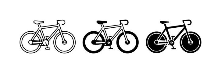 Three Bicycle Icons, Line Art and Silhouette Styles, Road Bike and Classic Bicycle Designs, Black and White Vector Graphics for Transport and Sport Themes © Rubina
