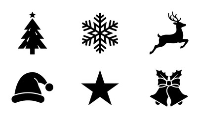 Christmas Icons Vector Set: Festive Symbols for Holiday Design, Including Tree, Snowflake, Reindeer, Santa Hat, Star, and Bells © Sultana