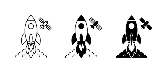 Rocket Launch Icons, Space Exploration Vector Set, Satellite Orbiting, Blast Off Graphics, Sci-Fi Technology Collection © Sultana