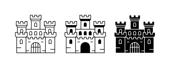 Castle Icons Set, Fortress Vector Graphics, Medieval Architecture Symbols, Royal Palace Illustrations, Black and White Building Designs © Kamrul