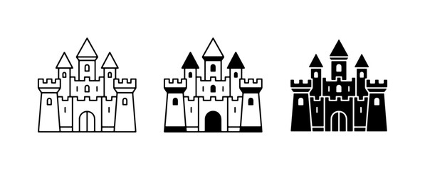 Castle Icons Set: Medieval Fortress Symbols, Fantasy Architecture, Royal Palace Graphics, Fairytale Landmark Illustrations, Black and White Vector Art © Kamrul
