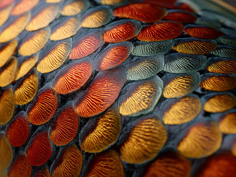 Close-up view of a vibrant koi fish with colorful scales exhibiting intricate patterns Shades of red, orange, yellow, brown, and black form a mosaic-like design on the fishs body Sca - AI-Generated