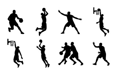Basketball player silhouettes set, professional athlete action poses with ball and hoop, black sport vector icons for tournament posters and branding © Shahriar