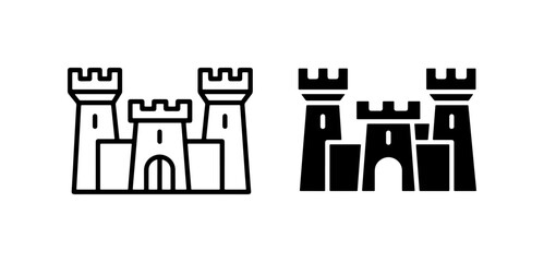 Castle Icons, Fortress Symbols, Medieval Architecture Vector Graphics. Set of two castle illustrations, outline and solid fill, representing historical buildings and fantasy fortresses for © Jannat