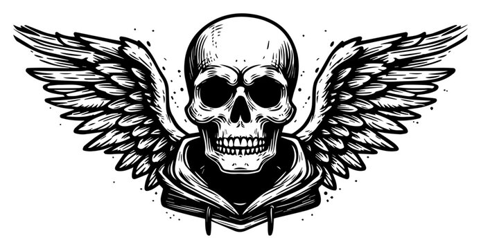 Skull with Wings in Streetwear Hoodie Engraving Style, Vintage Urban Gothic Tattoo Design or Biker Apparel Graphic Illustration