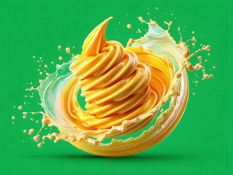 Highly detailed image of a golden yellow mango ice cream swirl against a green chroma key background The swirl is densely textured, with subtle ice crystals and a smooth, dynamic splas - AI-Generated