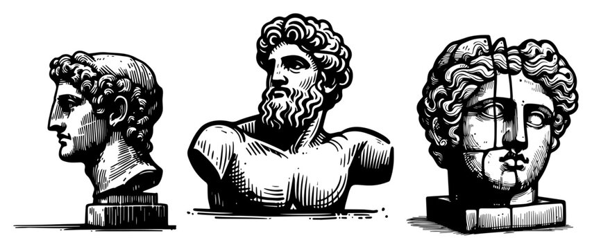 Ancient Greek Sculptures and Roman Busts Engraving Style, Vintage Mythology Statue Portraits Hand Drawn Vector Illustration