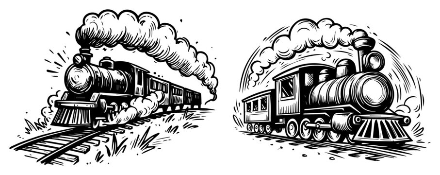 Vintage Steam Locomotive Train Engraving Style, Antique Railway Transport with Smoke Clouds Woodcut Vector Illustration