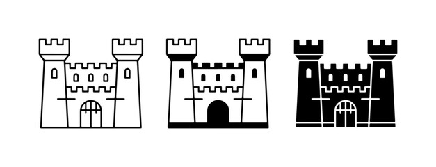 Medieval castle icon set, black and white fortress vector illustrations, 3 minimalist castle silhouettes for gaming and history logos © Shahriar