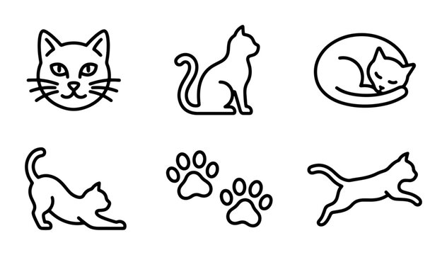 Minimalist cat icon set with 6 black line vector elements, modern feline pet symbols, cat head and paw print graphics for web design