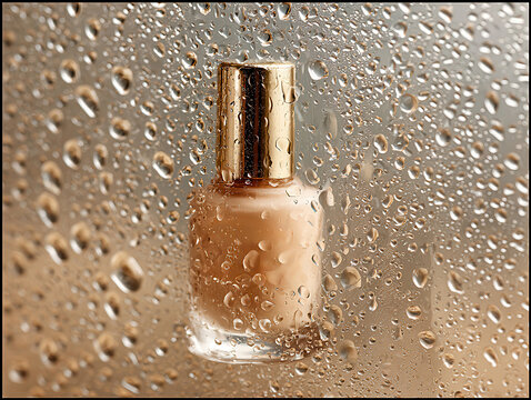 Close-up of Este Lauder DW foundation bottle and a nail polish bottle, both on a light beige background Water vapor in glass and raindrops in background Glossy raindrops contrasting - AI-Generated