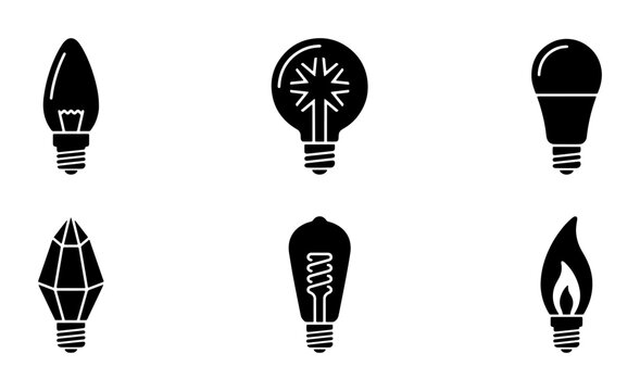 Light bulb icon set, 6 black vector silhouettes of electric lamps and lightbulbs, modern and vintage lighting equipment for energy and idea concepts