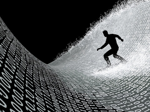 Surfer rides a wave made of binary code at sunset near the ocean shore while engaging in a digital art scene