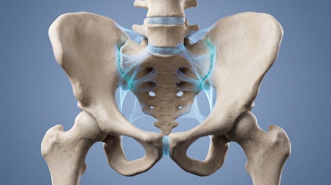 Anatomical 3D illustration of the human pelvis and sacrum bones with highlighted blue ligament connections showing joint stability and skeletal structure