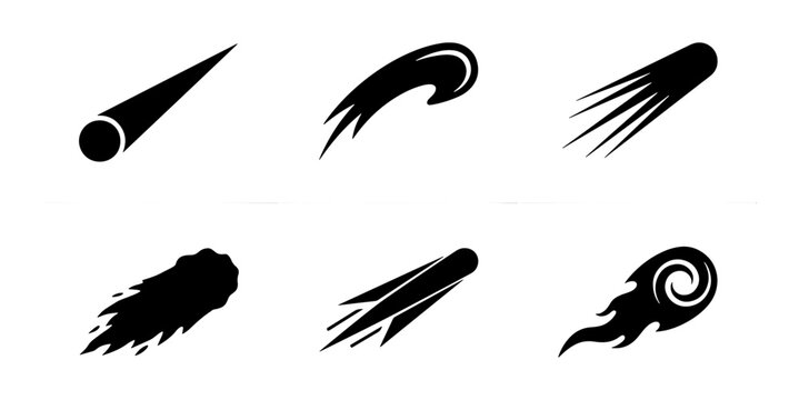 Black comet silhouette icons set, minimalist falling meteor and asteroid vector shapes, 6 celestial fireball symbols for space science design