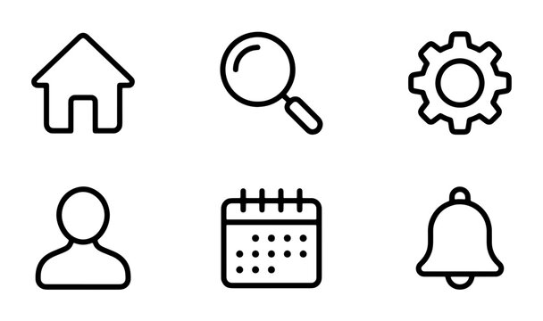 Minimalist line icon set with 6 vector elements, black outline web interface symbols, modern UI navigation graphics for mobile apps and websites