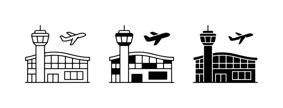 Airport Terminal Icons, Air Traffic Control Tower and Airplane Vector Graphics, Travel and Aviation Symbols