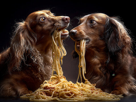 Image of two dachshunds, playfully trying to throw spaghetti, on a dark background Spaghetti noodles appear from their mouths instead of typical dog food The dogs are facing each othe - AI-Generated