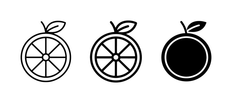 Citrus Fruit Icons, Orange Slice and Whole Fruit Vector Graphics, Simple Line Art and Solid Fill Styles for Food and Beverage Design