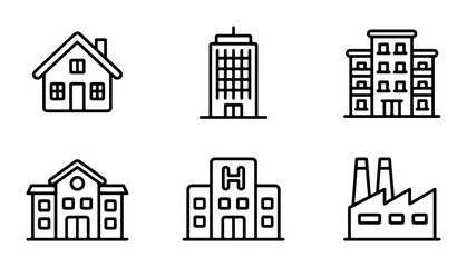 Modern Building Icons Set, Minimalist Architecture Graphics, Urban Structure Symbols, Residential House, Office Tower, Hospital, Factory, Apartment Block Vector Collection © Lamiya
