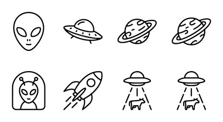 Alien Icons Set, UFO Spaceship and Rocket Vector Graphics, Cosmic Planets and Extraterrestrial Symbols, Space Exploration and Sci-Fi Illustrations © Mahir