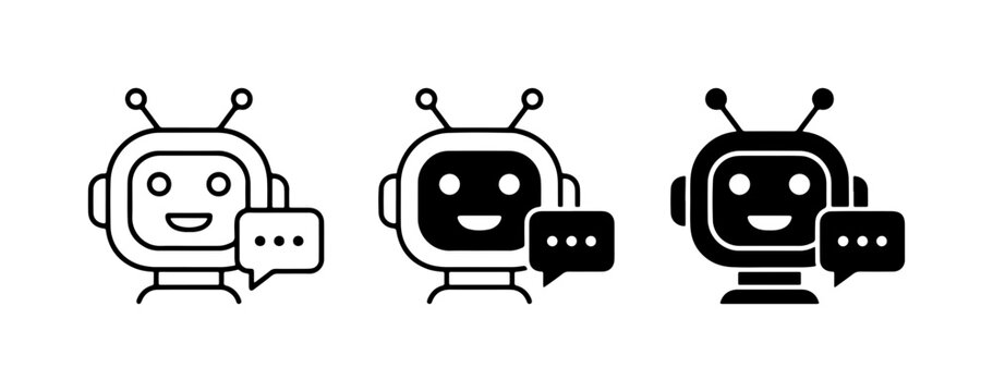 Chatbot Icons Set, AI Assistant Vector Graphics, Digital Communication Bots, Automated Support Symbols, Friendly Robot Faces with Speech Bubbles
