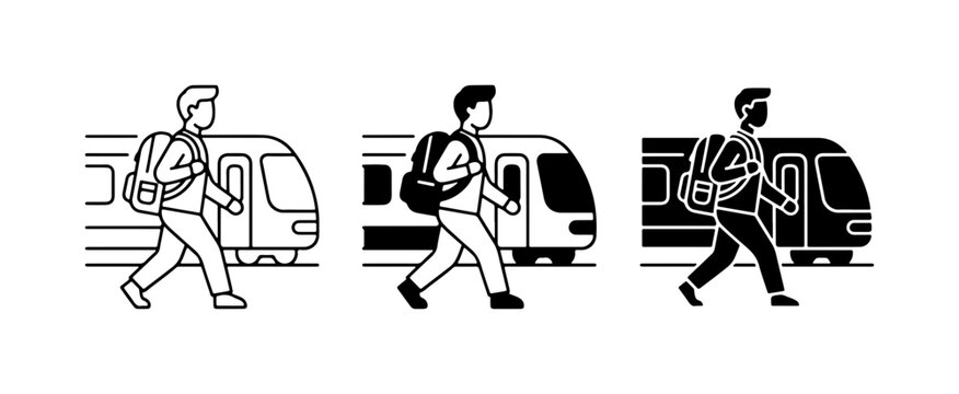 Commuter with Backpack, Train Travel Icons, Public Transport Vector Set, Urban Commute Graphics