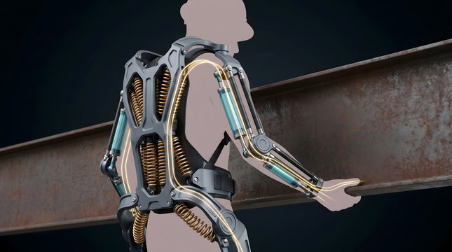 Powered exoskeleton suit worn by worker lifting heavy steel beam in industrial setting