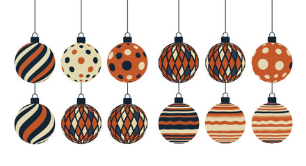 Collection of festive Christmas ornaments with unique patterned designs in warm tones © Stephen
