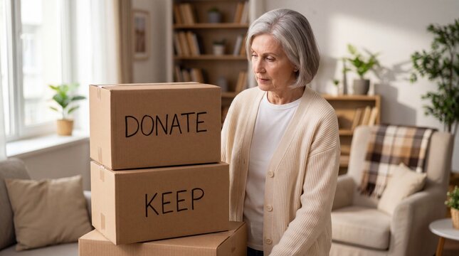 Senior woman organizing her belongings by sorting items into cardboard boxes labeled donate and keep for decluttering and minimalism at home during a move.