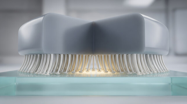 Dental implant with root fiber structure sitting on glass base in clinical model