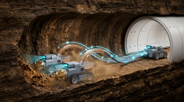 Autonomous tunnel boring robot with drill and data stream inside rocky underground passage