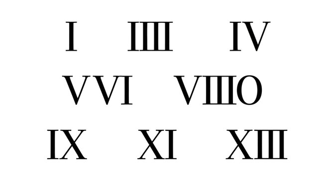 Roman numerals from one to thirteen presented in a grid pattern on a white background