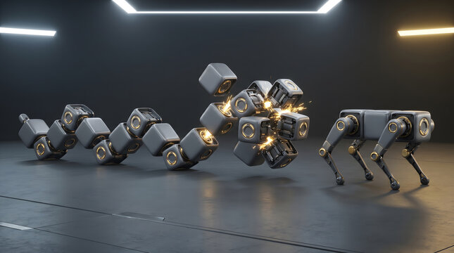Modular robotic cube unit transforming and assembling into quadruped robot