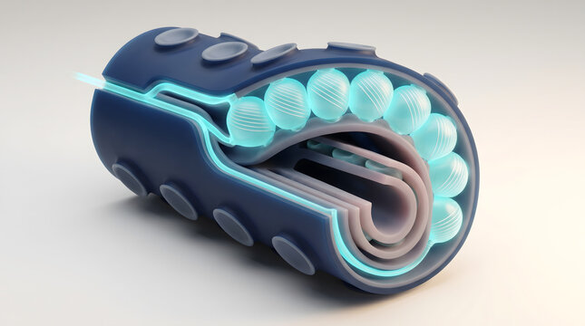 Robotic medical capsule with glowing bead chamber showing internal layered structure cutaway