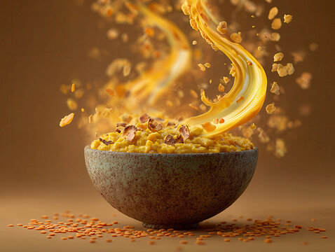 Golden lentil dahl image, realistic style, 35mm lens, Canon EOS R5, warm lighting, yellow-orange palette, muted clay background, bowl of grains or seeds, cascading motion, cinematic sti - AI-Generated