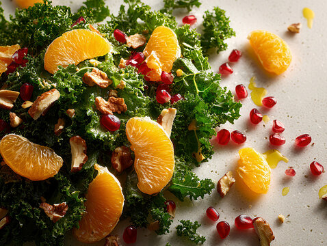 High-key lit, magazine-style ad, chopped kale salad with orange segments, pomegranate seeds, nuts, citrus dressing, Canon EOS R5, 50mm f12, vibrant colors, light limestone background, - AI-Generated