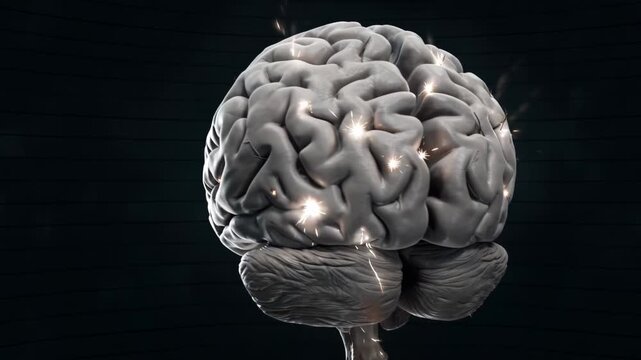 Anatomical human brain model with glowing electrical sparks. Concept of neural activity and cognitive function. Panning camera movement.