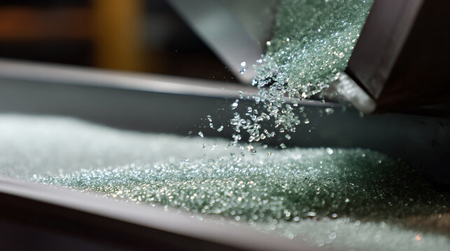 Close up view of finely crushed glass falling from a chute onto a conveyor belt, illustrating industrial material process and recycling