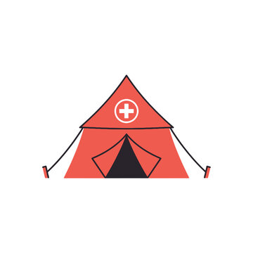 Red Medical Tent with White Cross Symbol, Emergency Aid Station
