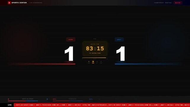 Sports center live scoreboard with home and away team scores match time and statistics