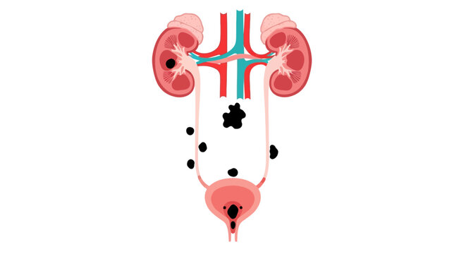 Graphic illustration of the human urinary system showing kidney stones forming and blocking the ureters and bladder