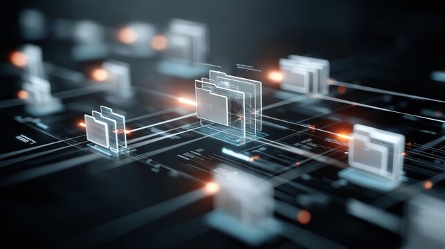 Futuristic Cloud File Sharing Interface With Connected Digital Folders Representing Enterprise Communication Data Exchange And Modern Technology Infrastructure Systems