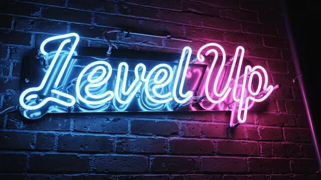 Level up neon sign logo in bright colors displayed on a wall in a gaming space during an evening setting