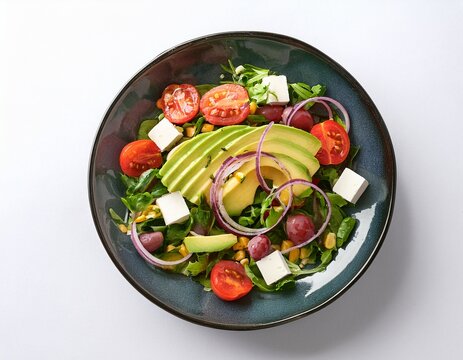 salade composee tomates avocat fromage vinaigrette oignon photographie studio fond transparent vue de dessus