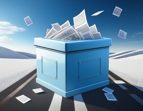 titre une urne de vote bleue blanche et route remplie de bulletins de vote rendu 3d sur fond transparent